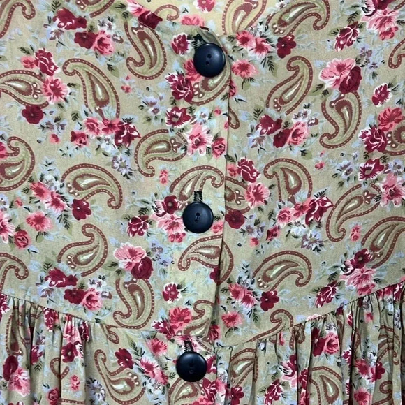 Jassa Wonens Dress 14 Gold Maroon 3/4 Sleeves Boho Floral Paisley Button Up EUC - Picture 3 of 14